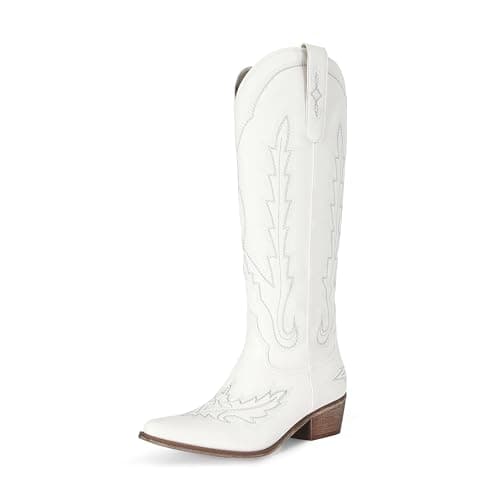 Stalov Western PointedToe Chunky Heel Knee High Cowgirl Boots — White2
