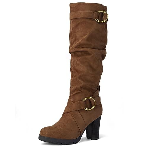 mysoft Women's Knee High Warm Winter Boots with Side Zippers — Coffee Suede