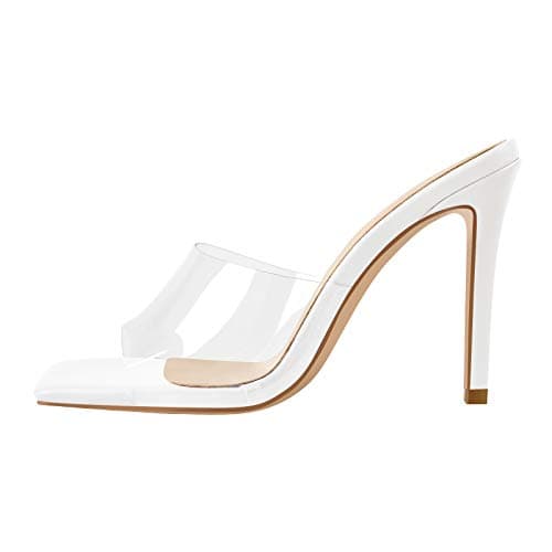 Richealnana Women's Clear Square Toe Stiletto Heel Slip-On Mules — White