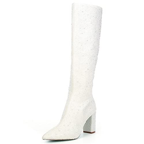 MUCCCUTE Women's Sparkly Rhinestone Ankle Boots for Party and Wedding — Pearl White