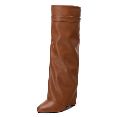 DEMOSHINE Women's Knee High Zipper Fold Over Wedge Heel Boots — Brown