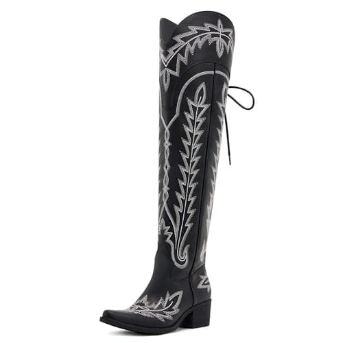 vódvob Women's Black Lace-Up Over-The-Knee Cowboy Boots, Western Casual Wear — Black