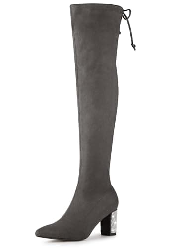 Allegra K Women's Chunky Heels Over the Knee Rhinestone Boots — Grey