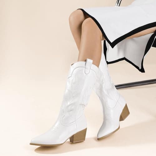 IDIFU IN2 Mid Calf Cowboy Boots for Womenchunky Low Heel Western Embroidery