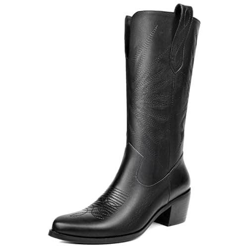 Metallic Embroidered Cowboy Boots for Women | Mid Calf Heel Pull-On — Black