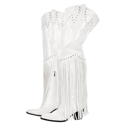 Richealnini Fringe Thigh High Zip-Up Western Boots — White