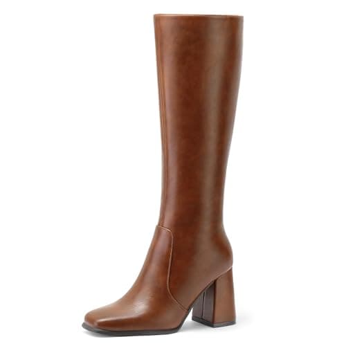 mysoft Women's Knee High Block Heel Square Toe Long Dress Boots — Brown