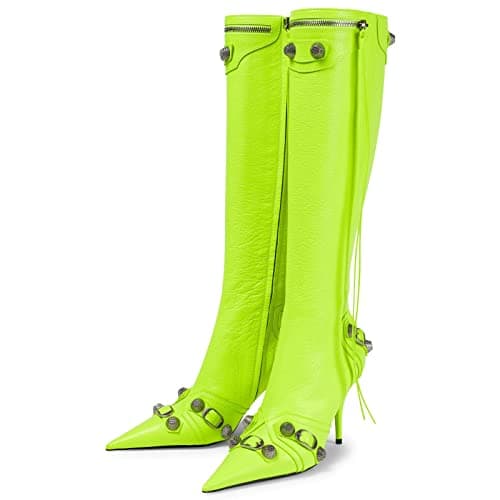 Kluolandi Women's Tassel Pointy Toe Knee High Stiletto Heel Booties — Green