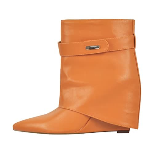 Richealnana Women's Fold Over High Heel Knee High Boots — Orange Short