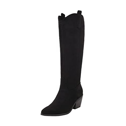 Reitoye Women's Embroidered Western Knee High Boot with Pull-Up Tabs — Black Suede