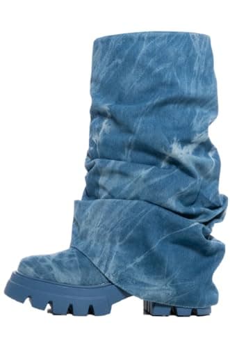 Sexytag Women's Metallic Slouchy Foldover Platform Round Toe Boots — Denim