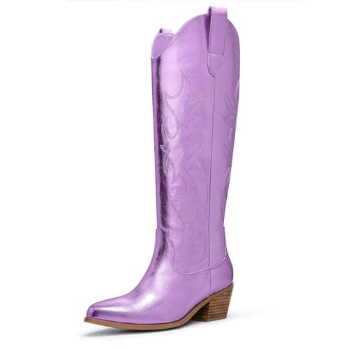 Ouepiano Women's Knee High Embroidered Cowboy Boots — Metallic Purple