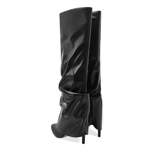 MOTIMODEN Women's Knee High Black & White Pointed Toe Fold-Over Zipper Boots