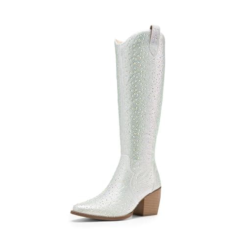 Womens Cowboy Boots - Comfortable, Chunky Heel, Pointed Toe, Embroidered Western Cowgirl Knee High Boots — Silver-rhinestone