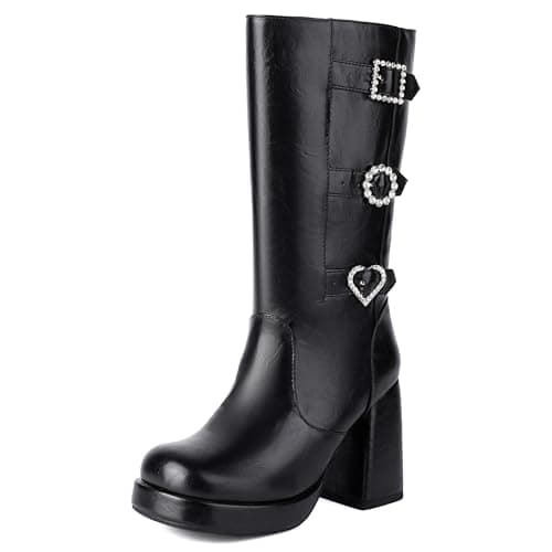 ForeMode Women's Gothic Leather Ankle Boots with Studded Strap — Black-m8-5