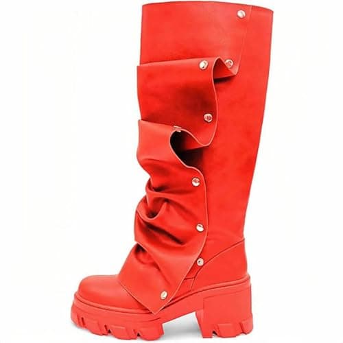KaroNairy Women's Knee High Stiletto Boot with Detachable Panel — Red Pu