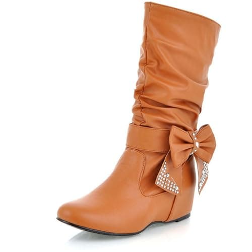 Elegant Women's Leather Mid Calf Boots — Yellow