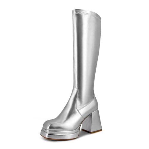 Wetkiss Chunky Heel Stretch Knee High Boots for Women — Low-metalsilver