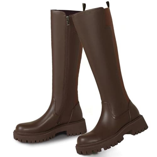 AIUNIIND Women's Knee High Stretch Platform BootsComfortable Calf Riding Boots — Brown