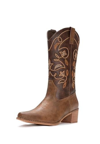 IUV Women's Pointy Toe Western Boots Mid Calf Cowgirl Boots — Dark Brown