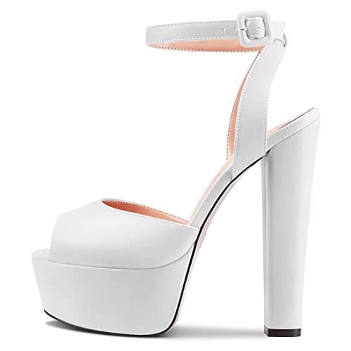 NobleOnly Women's High Block Platform Prom Heels Ankle Strap Sandals 5.9" Heels — White