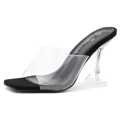 Shoe Land SL-NAOMI Women's Crystal Clear Slingback Heels with Square Open Toe — 1896clearblack