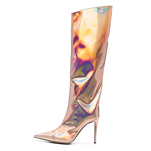 Arqa Women's Chrome Zipper Knee High Stiletto Heel Boot — Rose Gold