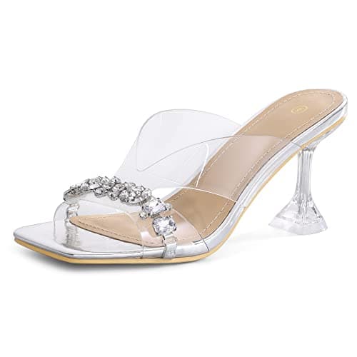 mysoft Women's Clear Stiletto Heeled Sandals Square Toe Open Toe Slip On — Rhinestones