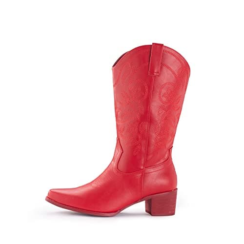 IUV Women's Pointy Toe Western Boots Mid Calf Cowgirl Boots — Red