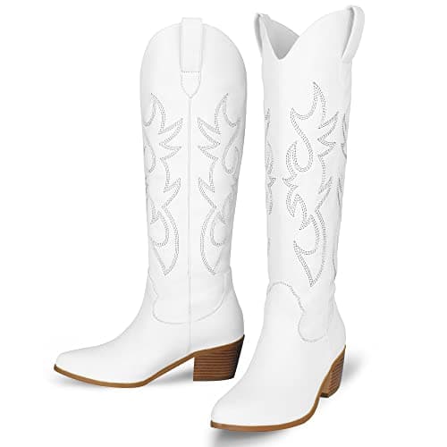 Stalov Western PointedToe Chunky Heel Knee High Cowgirl Boots