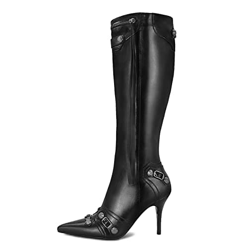 Women's Black Knee High Stiletto Boot TrendsPwd Toe Zippered Heel — Black