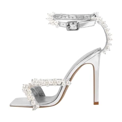Richealnana Women's Sparkling Rhinestone Ankle Strap Sandals for Party and Prom — Silver Pearl