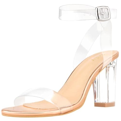 ZriEy Clear Block Sandals for Women Chunky Heels Open Toe Adjustable Ankle Strap Pump — Rose Gold Clear