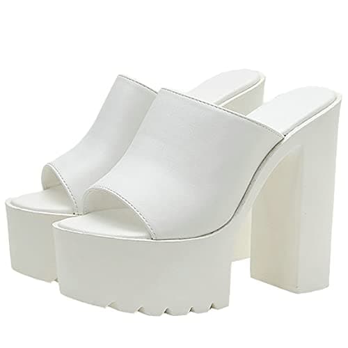 Trendenzy Women's Chunky Platform Slide Open Toe Heel Slippers — White