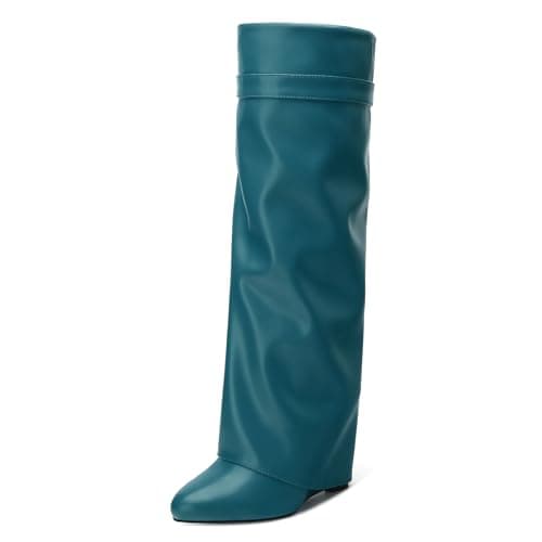 DEMOSHINE Women's Knee High Zipper Fold Over Wedge Heel Boots — Teal