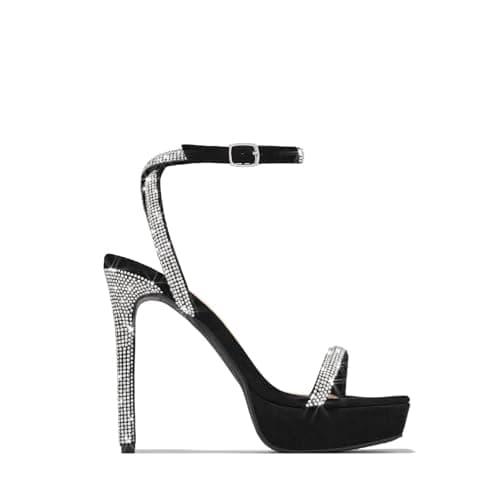 Richealnana Women's Sparkly Rhinestone Stilettos Ankle Strap Shoes for Party Prom — Black