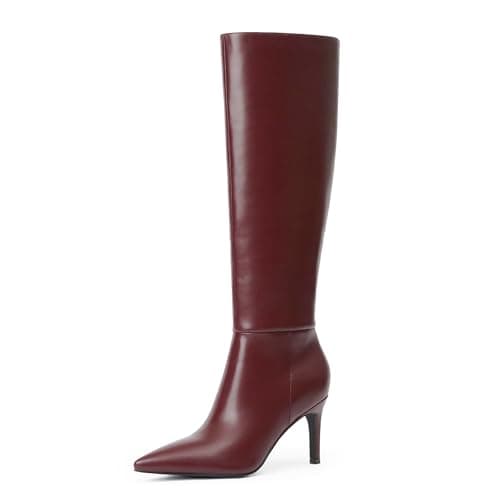 Modatope Women's Knee High Stiletto Heel Zipper Boot — Burgundy Pu
