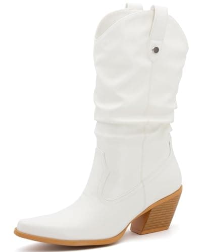 MISSMILLER Women's Embroidered Square Toe Cowboy Cowgirl Boots Western Mid Calf Heel — White-pu