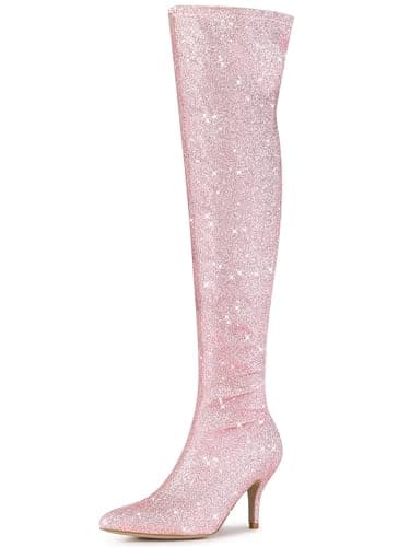 Allegra K Women's Glitter Knee High Stiletto Heel Boot — Pink