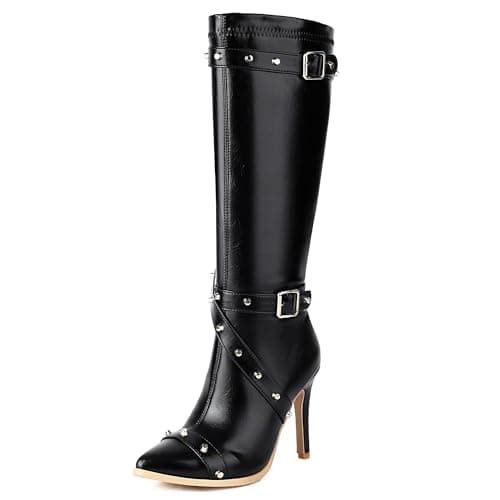 ForeMode Women's Gothic Leather Ankle Boots with Studded Strap — Black-m8-7