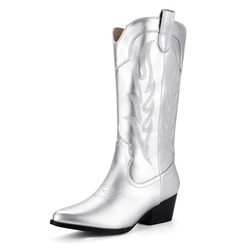 IDIFU IN2 Mid Calf Cowboy Boots for Womenchunky Low Heel Western Embroidery — Silver