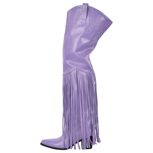 Richealnini Fringe Thigh High Zip-Up Western Boots — Purple