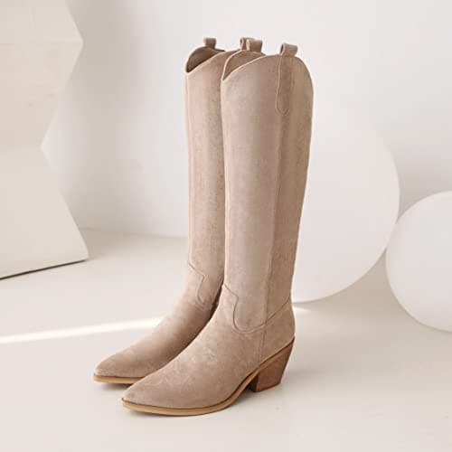 Reitoye Women's Embroidered Western Knee High Boot with Pull-Up Tabs