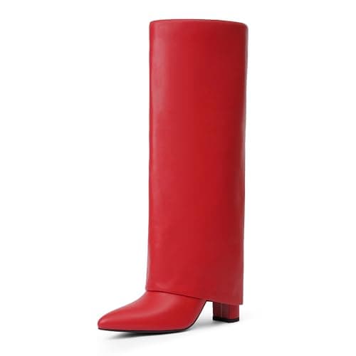 Modatope Chunky Heel Knee High Zipper Boots for Women — Red Pu