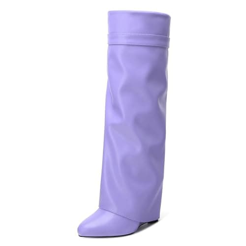 DEMOSHINE Women's Knee High Zipper Fold Over Wedge Heel Boots — Lilac