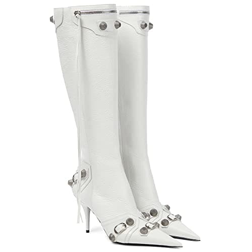 VOMIRA Pointed Toe Rivets Tassels Knee High Stilettos for Women — 1white