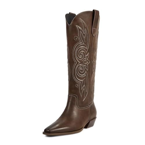 ISNOM Western Cowboy Boots for Women Knee High Square Toe Low Heel — Brown