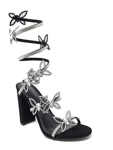 Wild Diva Women's Morris-581 Rhinestone Butterfly Detail Chunk Heel — Black Nubuck