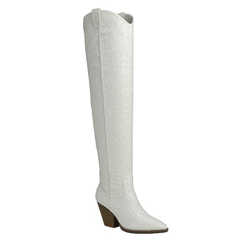 ABSOLEX Women's Western Cowgirl Rhinestone Mid-Calf Boots — Ivory
