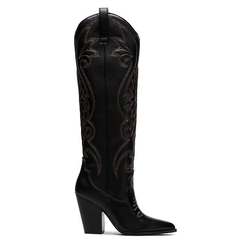 VOMIRA Women's Pointed Toe Chunky Heel Embroidered Knee High Cowboy Boots — Black